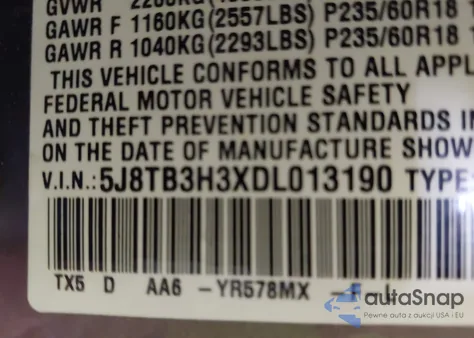 2013 Acura Rdx z USA, uszkodzony, nr VIN 5J8TB3H3XDL013190